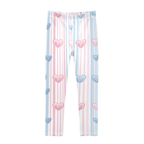 Blue Pink Hearts Pattern Girls Leggings Ultra Soft Compression Yoga Gym Pants for Kids 4-10T