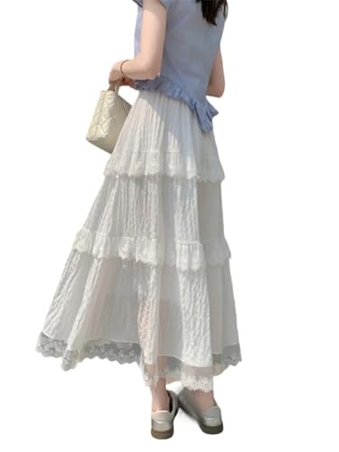 Women Lace Flower Spliced Skirts Elastic High Waist Fairy Skirt Summer Thin Beach Midi Skirts4