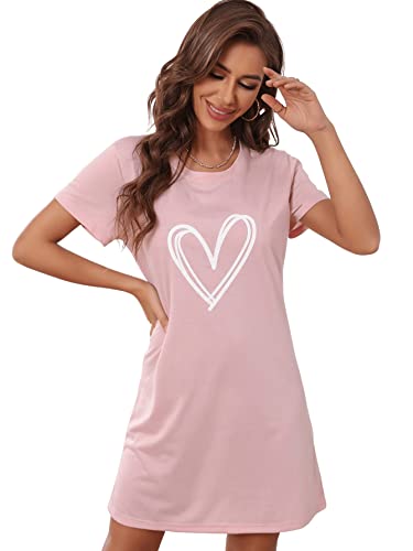 Sweatyrocks Women's Heart Print Short Sleeve Round Neck Sleepshirts Nightgown Sleepdress Light Pink M #TOP15