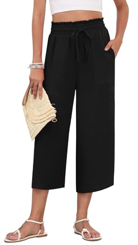 LAOLASI Womens Capri Pants Casual High Waisted Wide Leg Lounge Pants Drawstring Loose Palazzo Pants Trousers with Pockets3