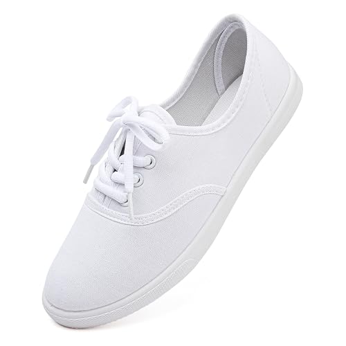 Image of Womens White Canvas Sneakers Lightweight Lace Up Fashion Comfortable Canvas Shoes Low Top Slip On Casual Tennis Walking Shoes Women Footwear