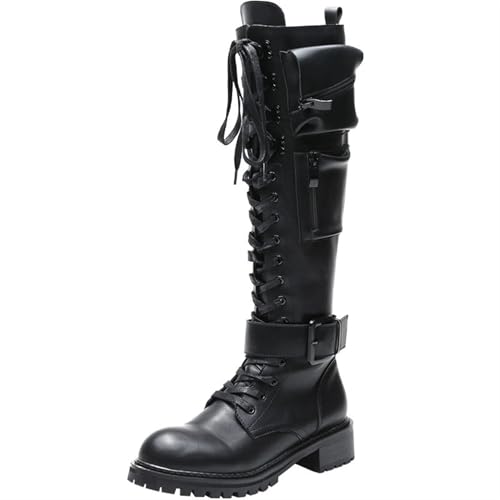 Womens Fashion Outdoor Side Zipper Leather Knee High Boots Lace Up Platform Lug Sole Comfort Round Toe Combat Boots Punk Thigh Tall Boots