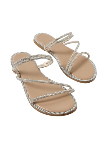 GORGLITTER Glitter Sandals Sparkly Flat Sandals Rhinestone Open Toe Slide Dressy Shoes