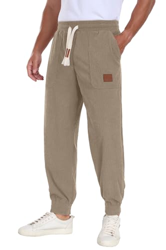 Askdeer Mens Corduroy Joggers Pants Casual Cargo Pants Drawstring Elastic Waist Baggy Tapered Sweatpants with 3 Pockets Khaki2