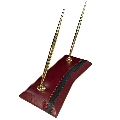 Dacasso Burgundy Leather Double Pen Stand with Gold Trim