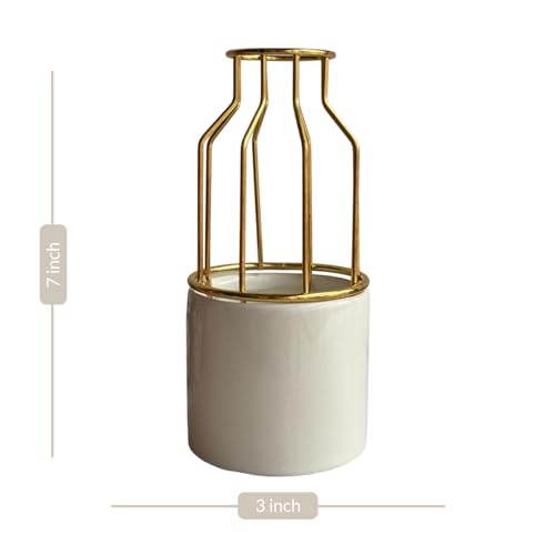 Image of Art Street Metal Geometric Design with Gold Finish White Ceramic Vase for Home Decoration,Office, Living Room, Bedroom (Size: 3x7 Inch)