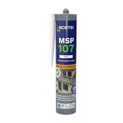 Bostik Mastic Colle de Fixation et d'Étanchéité MSP 107 – Collages Souples et Joints – Intérieur/Extérieur – Multi-Matériaux – Technologie MS Polymères – Sans Solvant ni Isocyanates – Blanc – 290 ml
