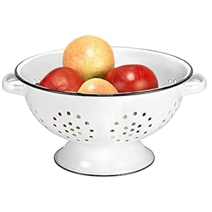 Redcoenamelwaremetalclassic105inchroundfoodstrainercolanderwithtwohandlesdistressedwhiteblackrim Urban Country Home Decor Red co enamelware metal classic 105 inch round food strainer colander with two handles distressed whiteblack rim urban country home decor