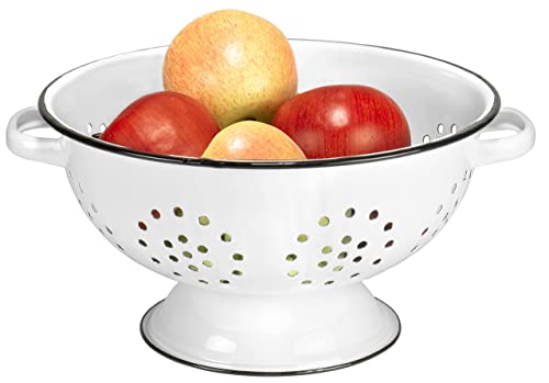 Redcoenamelwaremetalclassic105inchroundfoodstrainercolanderwithtwohandlesdistressedwhiteblackrim Urban Country Home Decor Red co enamelware metal classic 105 inch round food strainer colander with two handles distressed whiteblack rim urban country home decor