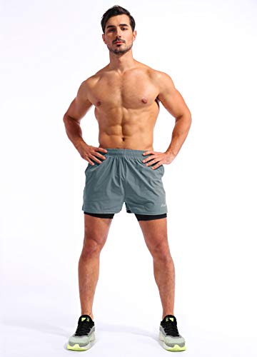 Image of Pudolla Men's 2 in 1 Running Shorts 5 inch Quick Dry Gym Athletic Workout Shorts for Men with Phone Pockets