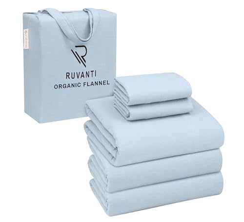 RUVANTI Flannel Sheets Split King Size - GOTS Certified 100% Organic Cotton, 5 Piece Warm, Soft & Breathable Set, Deep Pocket Fit, Double Brushed All Season Bedding, Baby Blue