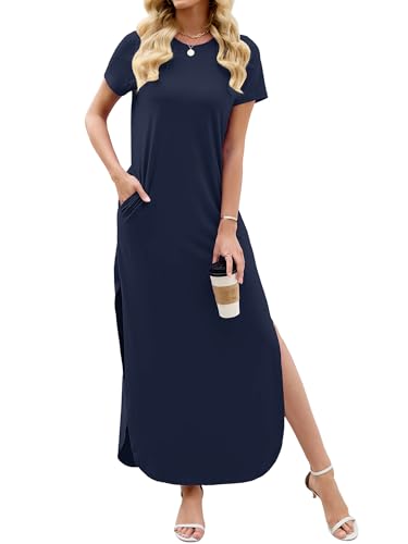 Image of Heymoments Womens Summer Maxi Dress Short Sleeve Casual Loose Long T Shirt Split Vacation Beach Sundress with Pockets