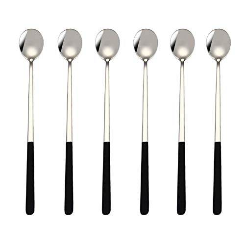 Mbbitl 6-Pack Black Silver 9" Ice Coffee Spoon Iced Teaspoon For Mixing Cocktail Stirring Tea Milkshake Cold Drink Stainless Steel #TOP5