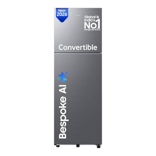 Image of Samsung 256 L, 3 Star, Bespoke AI, Convertible, Digital Inverter Frost Free Double Door Refrigerator (RT80H30U3THL, Silver, Refined Inox, 2026 Model)