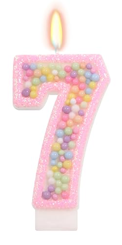 FAMGift Pink Birthday Candles - Number 7 Candle Colorful Macaron Candles for Preppy Smiley Face Party Decorations Sweet Theme Birthday Party Supplies