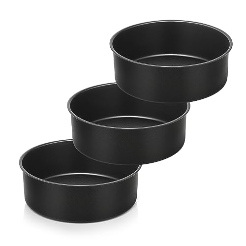 HaWare 8 inch Cake Tin Set of 3, Non-Stick Stainless Steel Deep Cake Pan for Baking Roasting Serving, Round Birthday Wedding Layer Baking Tin, Healthy & Non-Toxic, Leak & Rust Resistant (20cm, Black)