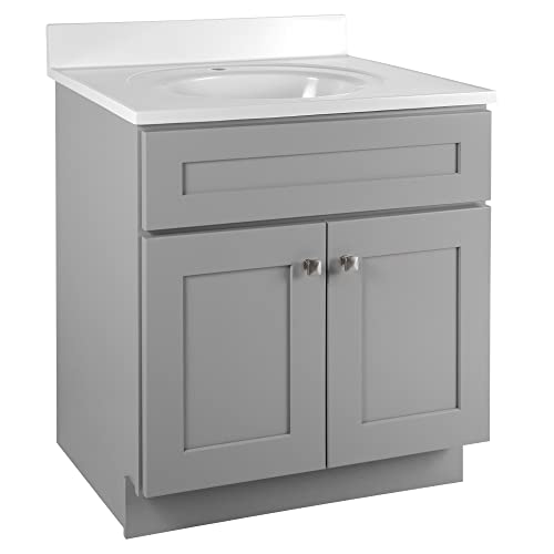 Design House 597674 Shaker 2-Door Bathroom Vanity With Cultured Marble Single Hole Solid White Top, Gray, 2 Piece #TOP13
