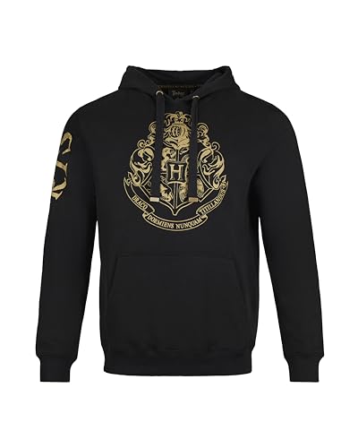 Harry Potter Hogwarts Gold Crest Hoodie - Adult Hooded Sweatshirt with Metallic Print & Sleeve Detail - Black Fleece Pullover - Wizarding World Merchandise - X-Small