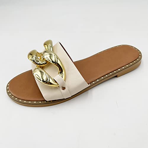 Pearl&She Women's Leather Flat Slippers Metallic Link Chains Slip On Summer Indoor And Outdoor Slide Sandals(A Middle Apricot 39) #TOP3