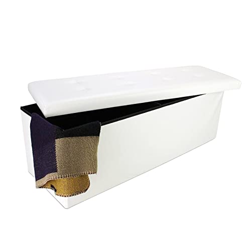 Todeco - Almacenamiento Banco, Almacenamiento Otomano Plegable de Cuero - Carga máxima: 150 kg - Material: Imitación de Cuero - Acabado Cosido y copetudo, 110 x 38 x 38 cm, Blanco Cover