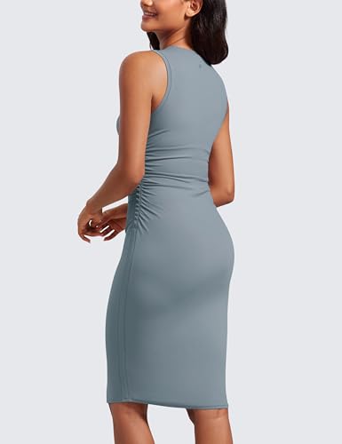 Image of CRZ YOGA Butterluxe Ruched Midi Casual Dress | Removable Pads, Extremely Soft, Bodycon, Crewneck, Party, Sleeveless, Pencil, Outfits for Women