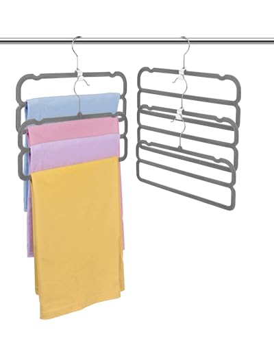Image of 10 Pack Velvet Pants Hangers Space Saving, Non Slip 2-Layer Hanger (Grey) | Heavy Duty Flocked Trouser Hangers,pants organizer for closet with Swivel Hook, Felt Jean Hangers for Women and Men