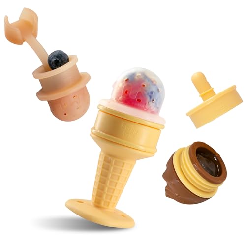 Image of Smily Mia Baby Fruit Food Feeder & Freezer Teether Combo, ICY Bite Ice Cream Teether for Baby Cooling Relief, BPA Free Silicone Feeder for Safe Infant Self Feeding,3 Month+,Choclate Brown