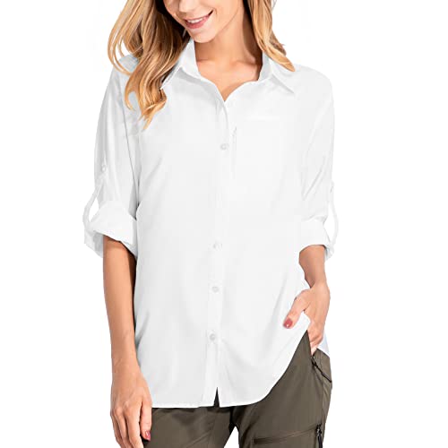 yeyity Damen Hemdbluse UV Schutz Langarmshirt Damen Schnell Trocknende Sport Shirts Wandershirt Safari Casual Button Up Tops Strandurlaub Elegant Bluse（5019,White,L