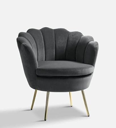 Image of Wooden Velvet Shell Accent Chair, Upholstery, Gold Metal Legs, Channel Tufted Design, Barrel Chair for Living Room, Drawing Room, Bedroom, & Office (Grey)