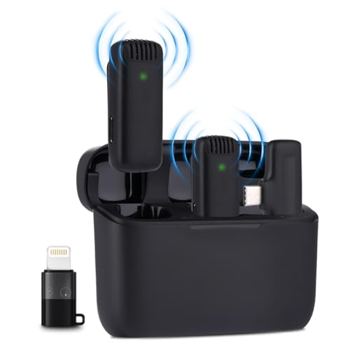 NK Micrófono Inalámbrico con Estuche de Carga - Micrófono Lavalier Wireless para iPhone/Android, Plug&Play, Pack 2 Micrófonos para Grabación de Tiktok/Twtch/Youtube/Vlog, Reducción de Ruido, Sin App