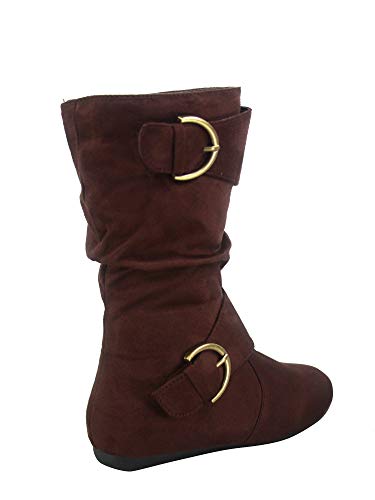 Link Klein-70k Girl's Kid's Faux Suede Two Buckle Zipper Flat Heel Mid Calf Slouchy Boot Shoes (11 B(M) US, Brown)3