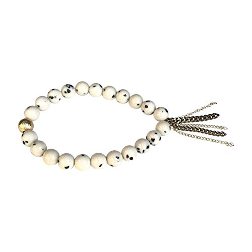 Juneau Luxe Women's Dalmatian Jade Bracelet. 8mm Natural Semi Precious Gemstone Beaded Stretch Bracelets. Brass & Gold Filled Chain Detail. Handmade Healing Crystals Chakra Energy Bangle