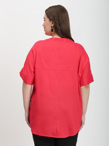 Image of SINDOORI Relaxed Fit Tops for Women Plus Size Solid Printed Mandarin Collar, Band Collar, V-Neck Top, Half Sleeve Loose Fit