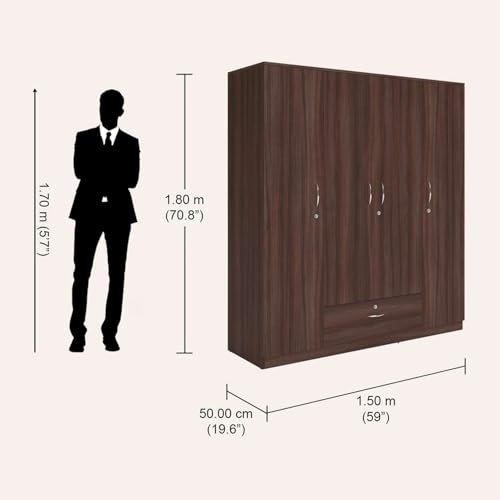 Image of Interio by Godrej Wardrobe EWA 4-Door Engineered Wood Wardrobe for Clothes (Brown), 1-Year Warranty, 8 Shelves, 1 Drawer