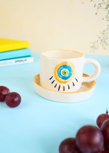 Image of WEAVING HOMES Handcrafted Ceramic Mug & Dessert Plate (Set of 2, Multicolor) - Coffee Mugs and Dessert Plates for Birthday Gifts, Mugs for Office and Travel