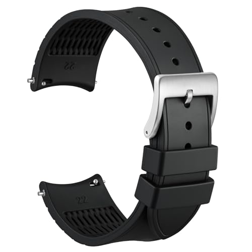 WOCCI 22mm Watch Band, Curved End, Silky Touch Silicone, Silver Buckle (Black)