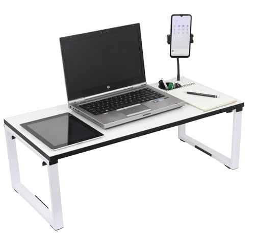 Image of Isomars Bed Desk /Floor Desk with Mobile Holder 76cm x 35.5cm (30 inch x 14 inch) Laptop Study Table for Work from Home, Online Classes, Card Games and Kid's Activities (White)