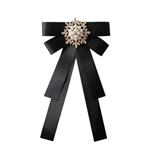 Image of Women Elegant Pearl Ribbon Bow tie Brooches Pin Jewelry Pre-Tied Collar Neck Tie Clip for Lady Girls Wedding Party