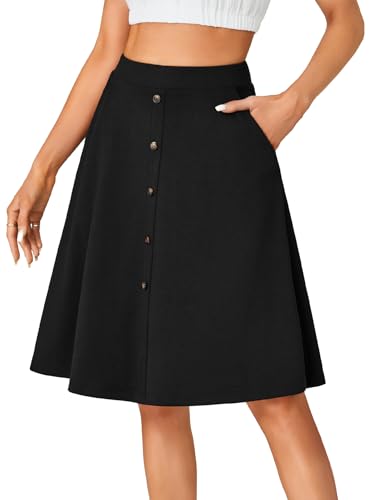 LYANER Women's Knee Length Casual Skirt Stretchy Button High Waist A-Line Flared Vintage Midi Skirts with Pocket