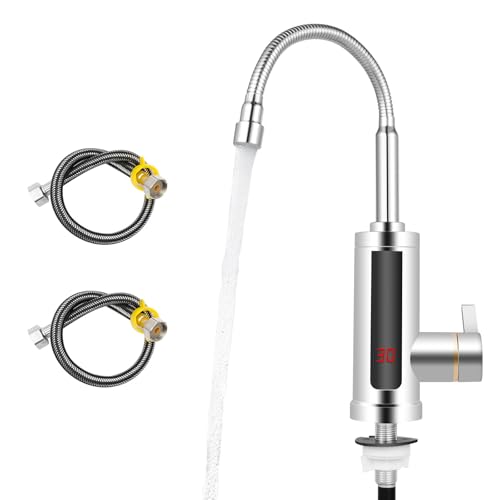Grifo Agua Caliente Instantanea,220V 3000W Grifo Calentador de Agua Electrico,Indicador de Temperatura LED,2 Mangueras, Accesorio Giratorio de 360 °,Grifo de Agua Caliente y Fría de Cocina