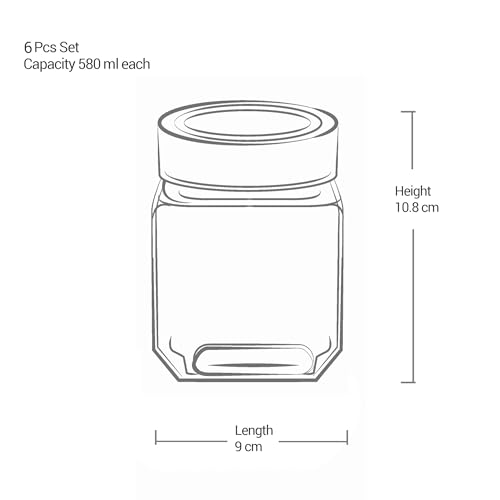 Treo By Milton Cube Storage Glass Jar, 580 ml Each, Set of 6, Transparent | BPA Free | Storage Jar | Kitchen Organizer | Air Tight | Modular | Multipurpose Jar