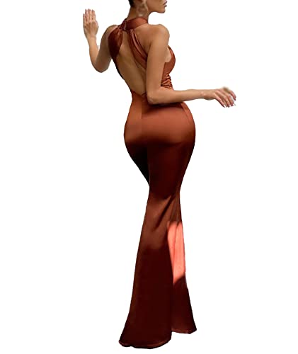 Image of xxxiticat Women's Satin Long Dress Sleeveless Halter Neck Backless Buckle Slip Cold Shoulder Mermaid Prom Party Maxi Dress
