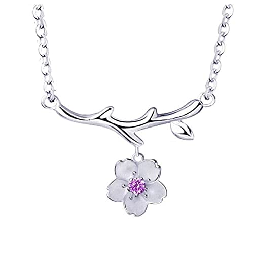 Collier ras du cou argent 925 femme avec pendentif fleur cerisier rose et zircon violet chic