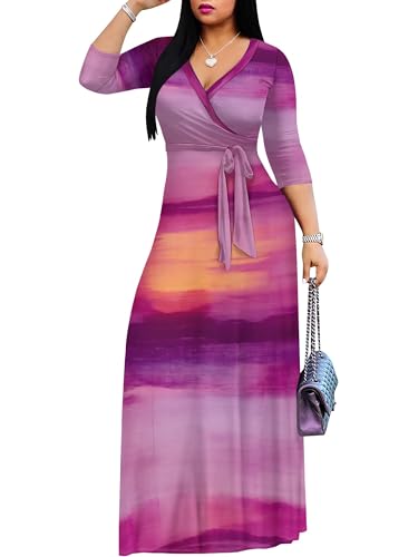 Image of Women's V Neck Floral Maxi Dress 3 /4 Sleeve Plus Size Boho Wrap Flowy Long Dresses with Belt