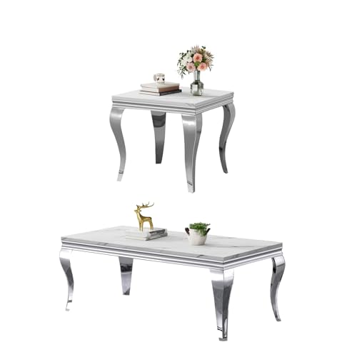 Image of Luxury Coffee Table Set of 2, Rectangular Coffee Table with End Side Table, Modern 2 Piece Living Room Table Set with Faux Marble Top & Silver Stainless Steel S Legs for Apartment Home Office