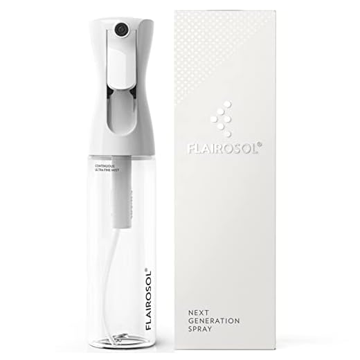 FLAIROSOL - The Original, Spray Bottle for Hair, Plants & More, Continuous Mister, Ultra Fine Water Mist. Trusted by Professional Salons & Barbers. 10 oz, Clear Bottle, Black Print