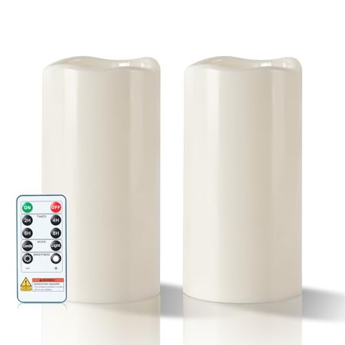 Image of 5plots Large Waterproof Flameless Candles 4 inchx8 inch White LED Pillar Set of 2 | Waterproof plastic candles with remote timer, realistic flickering LED glow. Battery operated for patio, porch & lanterns