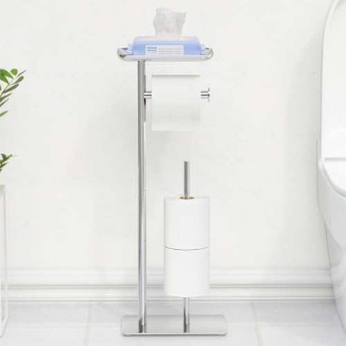 Toilet Roll Holder Free-Standing with Top Shelf Holds 4 Rolls Stainless Steel Bathroom Toilet Paper Dispenser