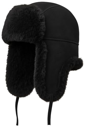 Image of Leather Aviator Shearling Ushanka Trapper Hat Russian Sheepskin Cap Real Fur Winter Hat with Ear Flaps for Men Women