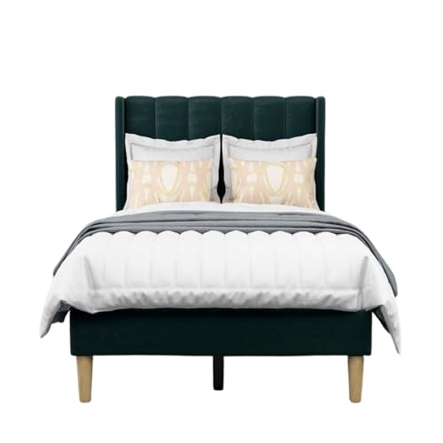 Image of Wooden Upholstered Bed Single Size Without Storage | Wrought Iron Single Size Cot with Headboard | Upholstered Bed for Bedroom | Palang Furniture for, Living Room, Dark Green, (Dark Green)